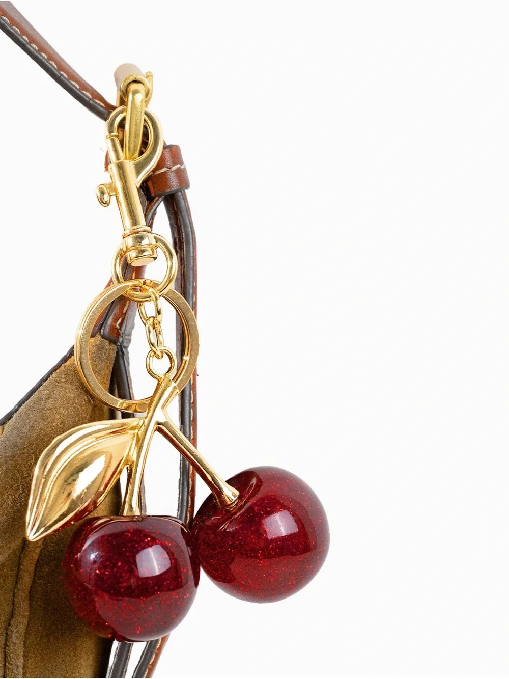 Glossy Red Cherry Bag Charm Keychain Gold Tone Purse Handbag Accessory